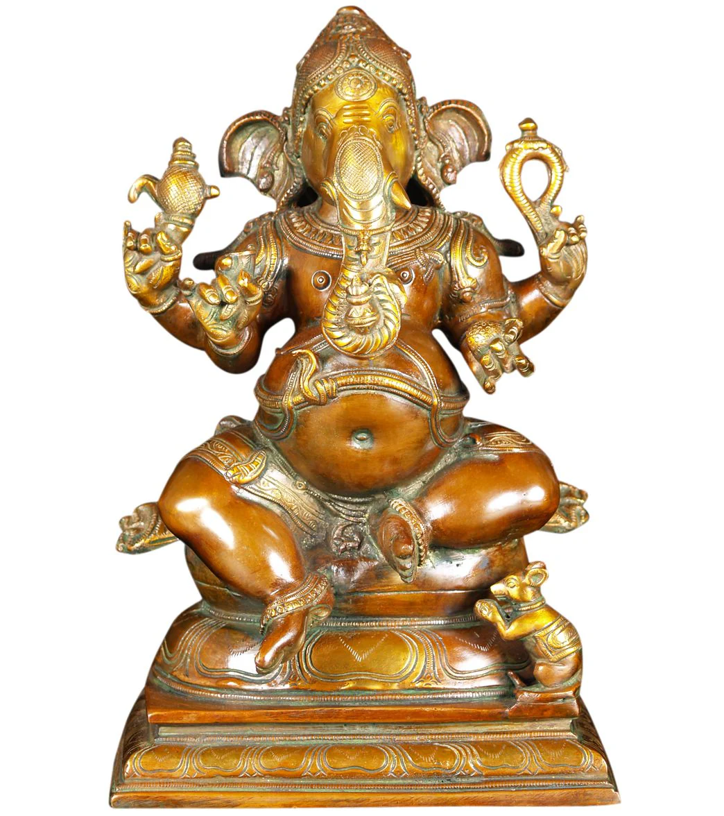 Lotus Sculpture Brass Seated Ganesha With Rat 13"