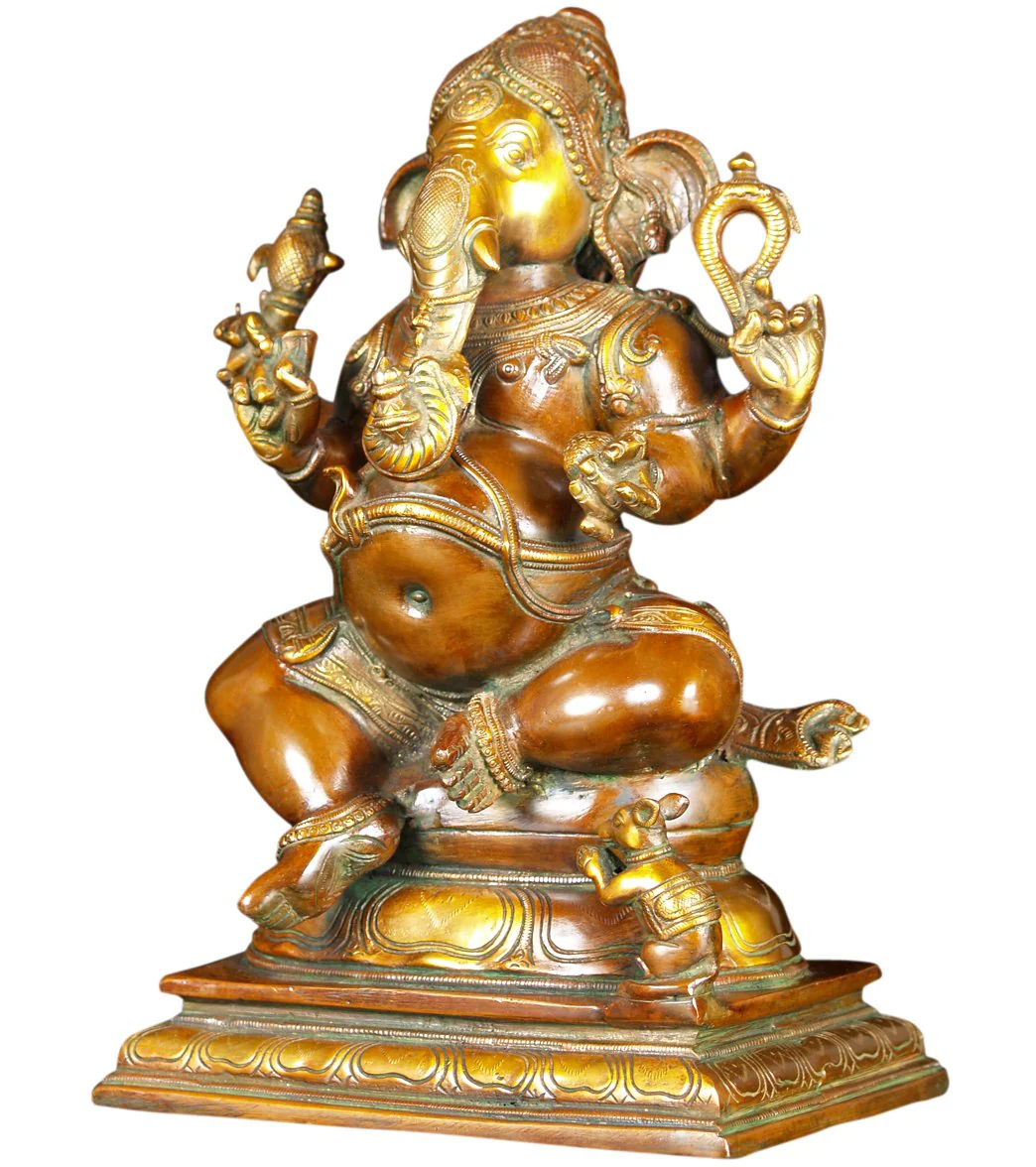 Lotus Sculpture Brass Seated Ganesha With Rat 13" - Image 2