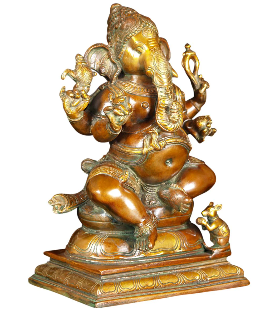 Lotus Sculpture Brass Seated Ganesha With Rat 13" - Image 3