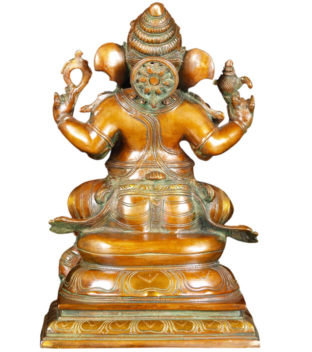 Lotus Sculpture Brass Seated Ganesha With Rat 13" - Image 4