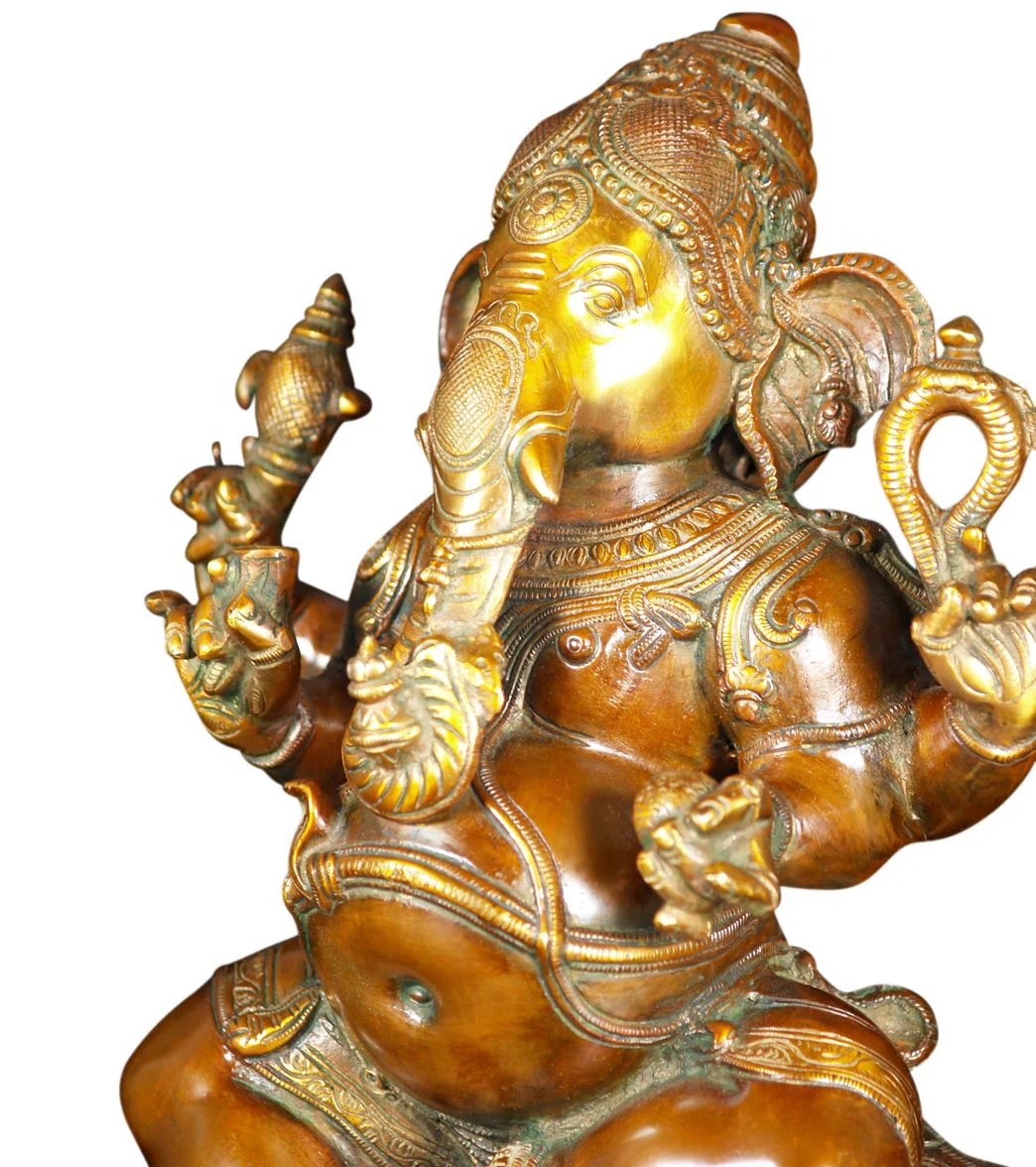 Lotus Sculpture Brass Seated Ganesha With Rat 13" - Image 5