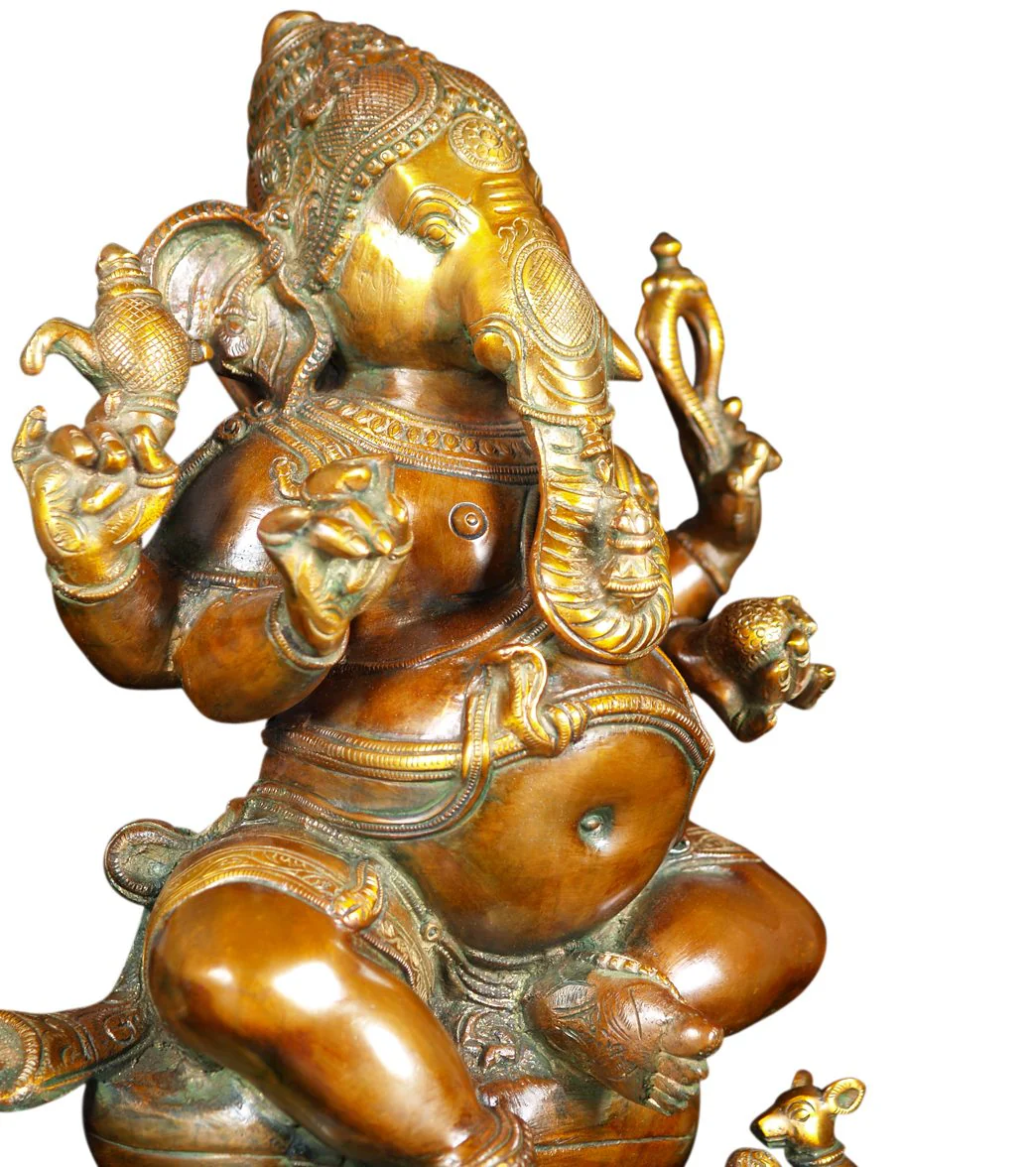 Lotus Sculpture Brass Seated Ganesha With Rat 13" - Image 6