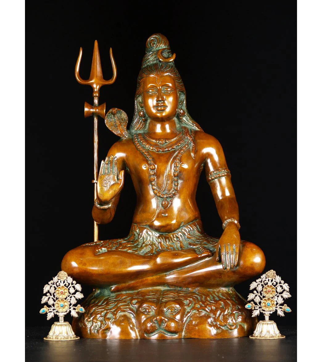 Lotus Sculpture Brass Seated Shiva With Trident Sculpture 24"