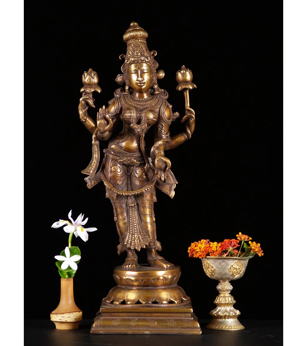 Lotus Sculpture Brass Standing Lakshmi with 2 Lotus Flowers 19"