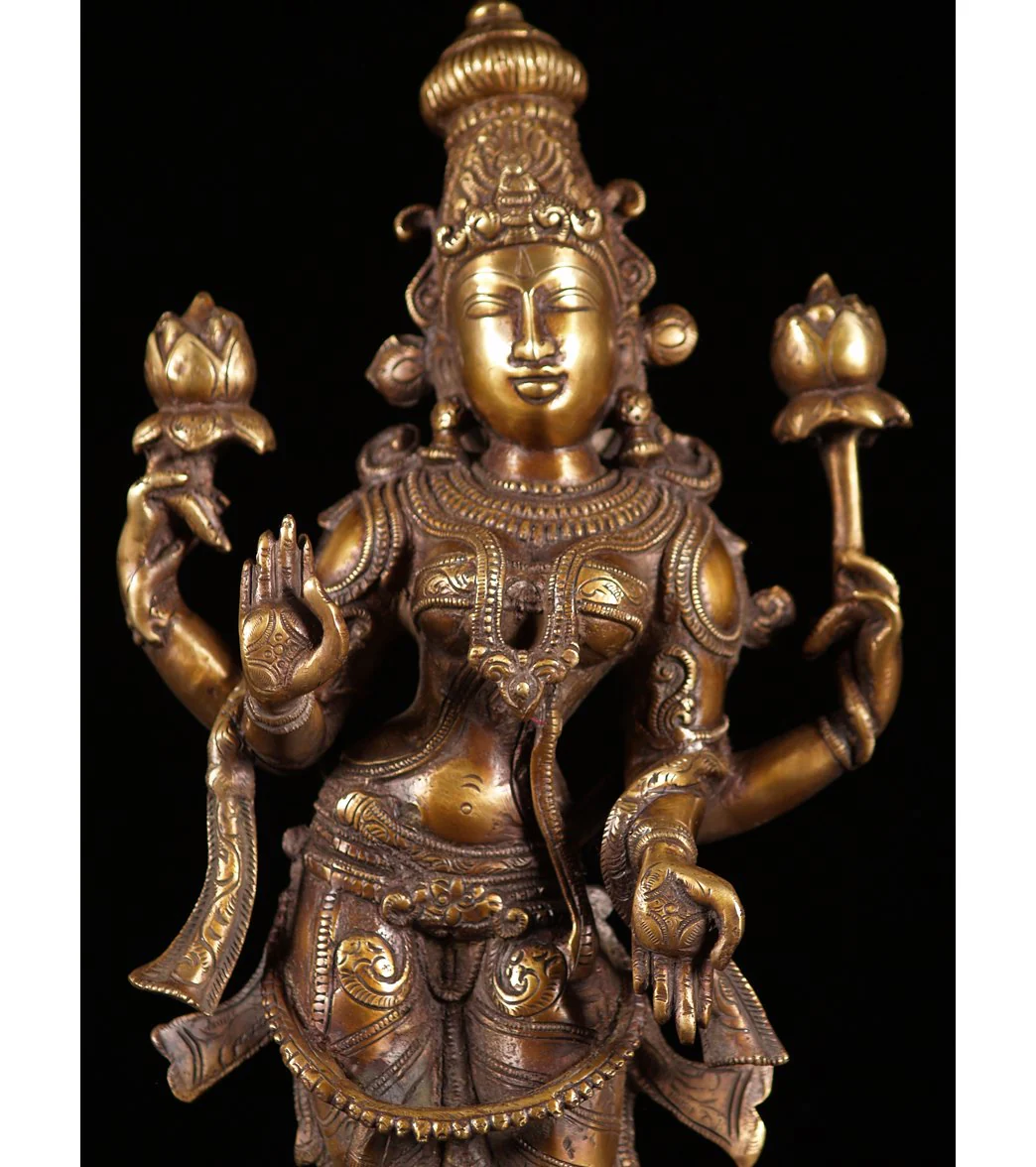 Lotus Sculpture Brass Standing Lakshmi with 2 Lotus Flowers 19" - Image 2