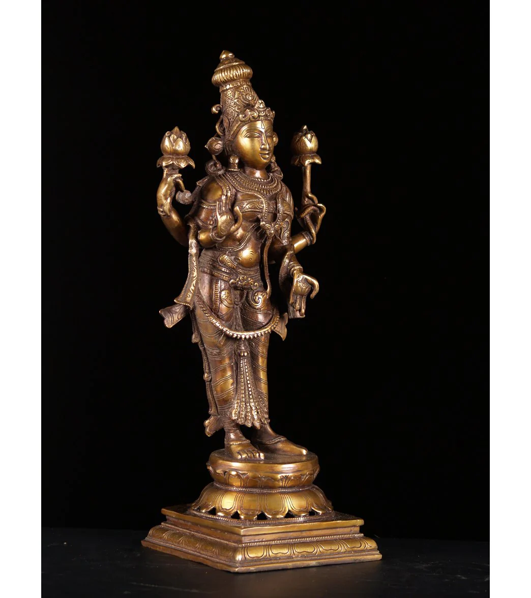 Lotus Sculpture Brass Standing Lakshmi with 2 Lotus Flowers 19" - Image 3