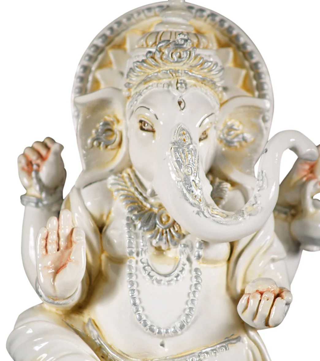 Lotus Sculpture Fiber Ivory Ganesh Statue 11" - Image 5