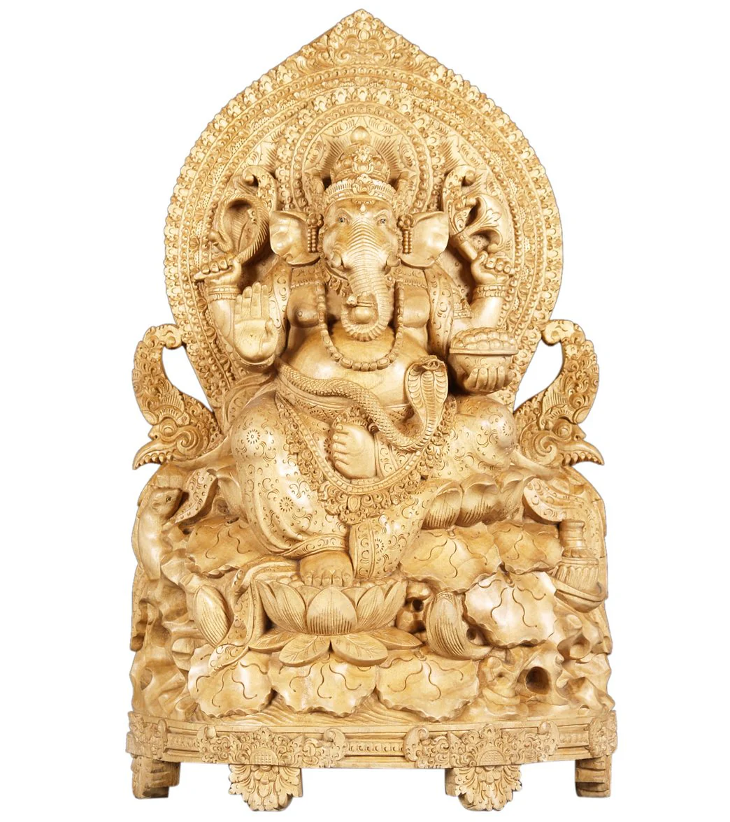 Lotus Sculpture Ornate Wooden Ganesh Carving 21"