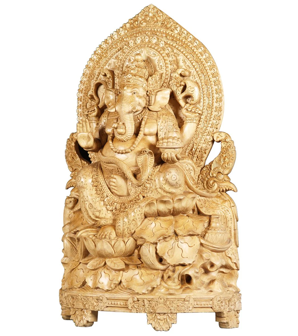 Lotus Sculpture Ornate Wooden Ganesh Carving 21" - Image 2