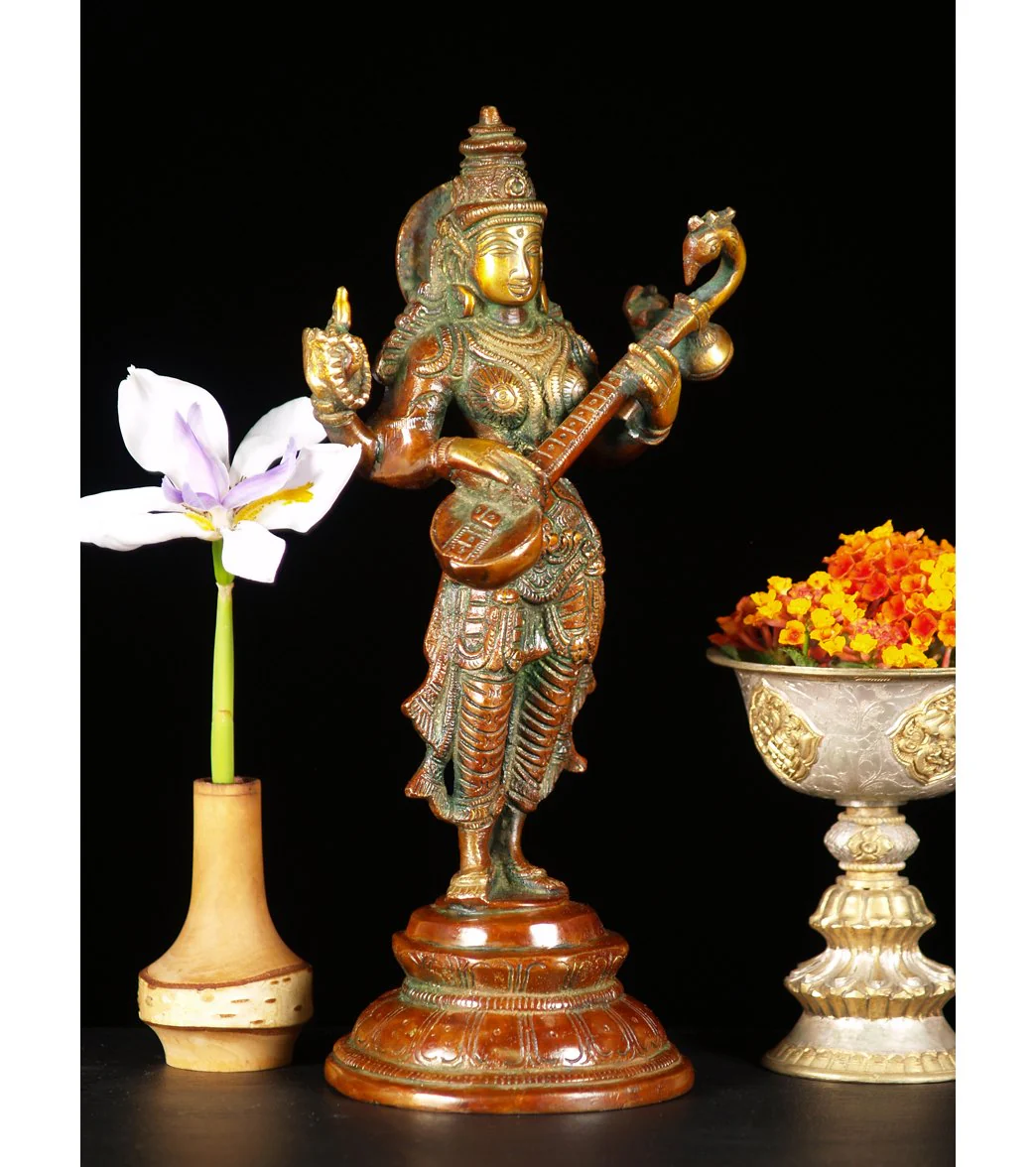 Lotus Sculpture Saraswati Standing With Veena 11" - Image 5