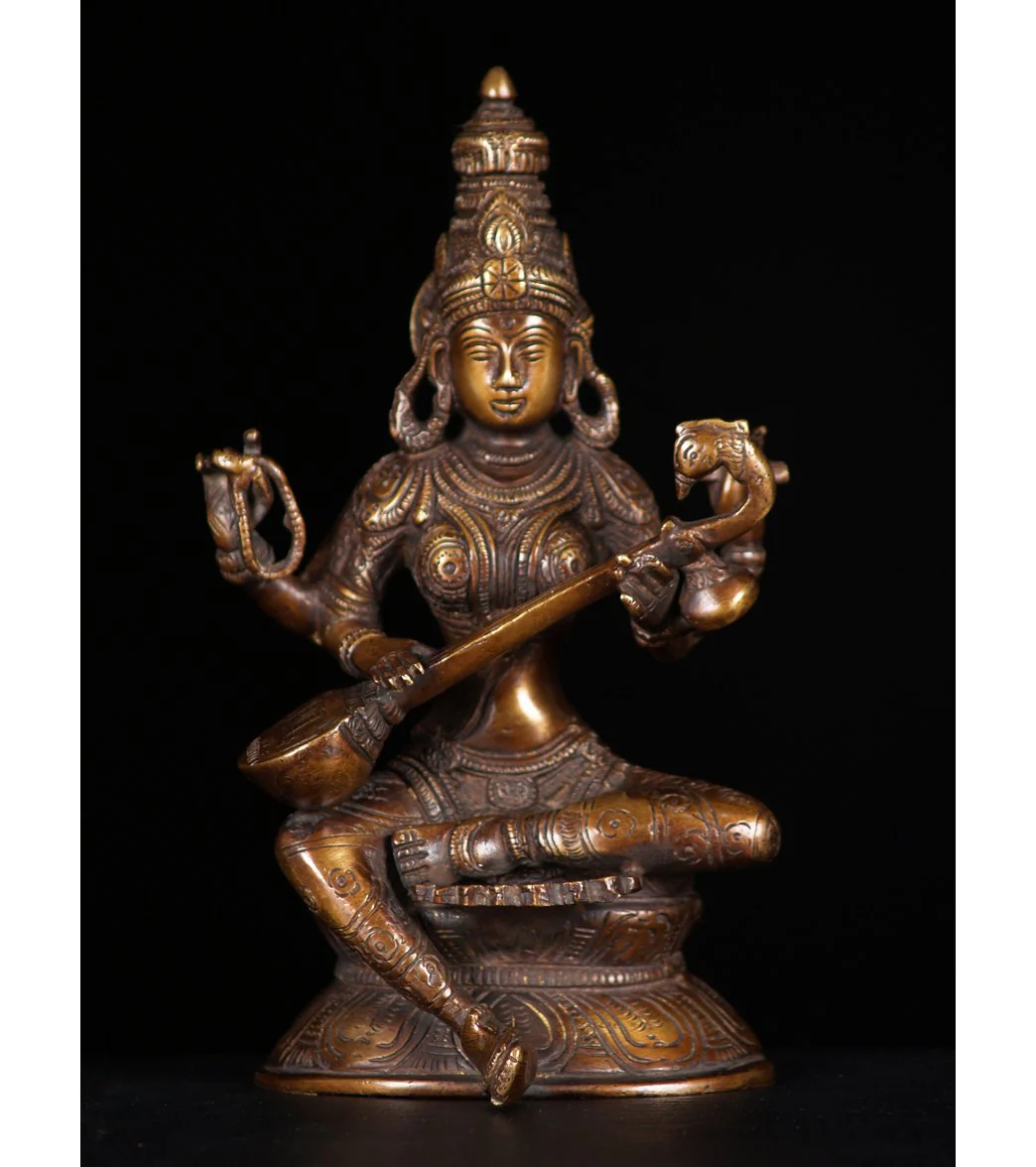 Lotus Sculpture Seated Saraswati Statue Playing The Veena 8"