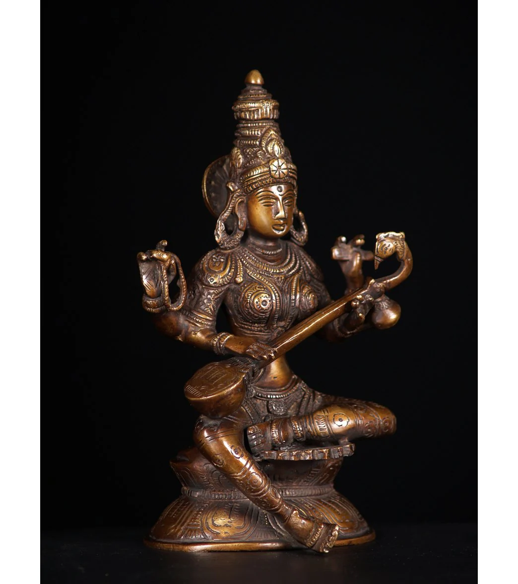 Lotus Sculpture Seated Saraswati Statue Playing The Veena 8" - Image 2