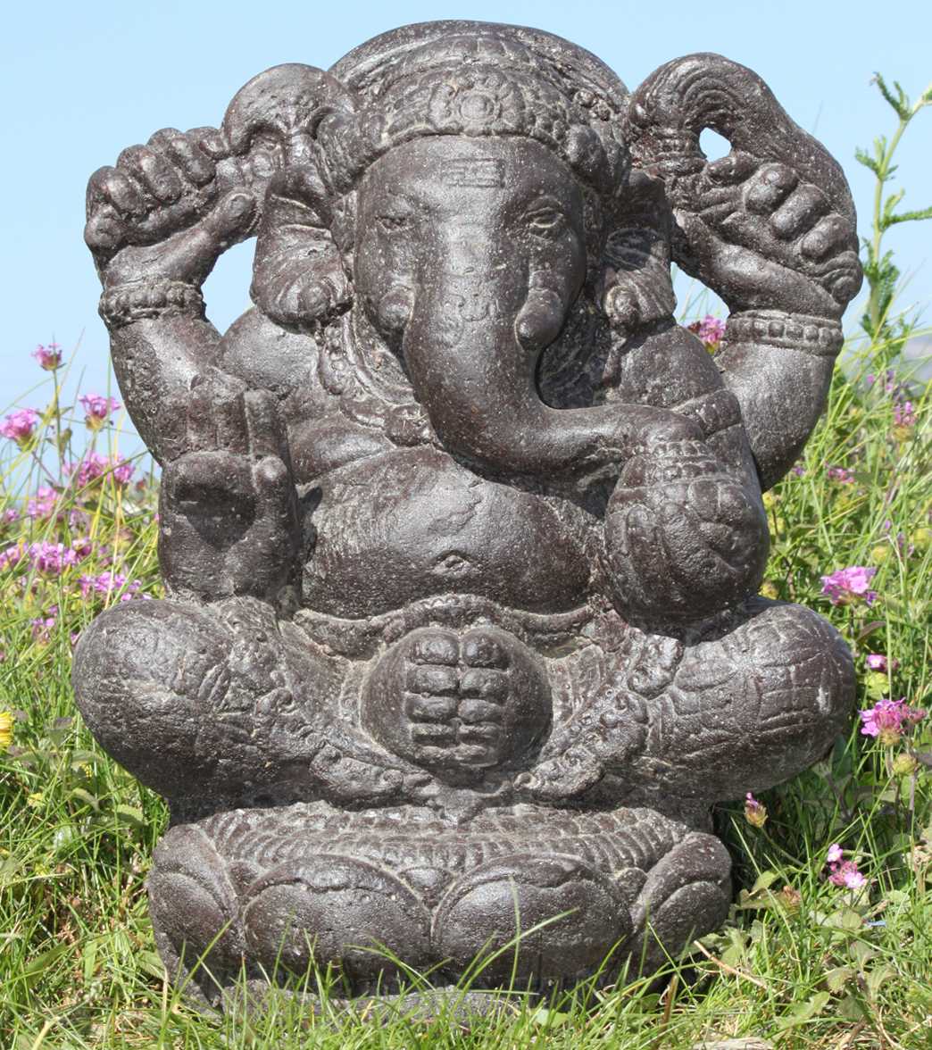 Lotus Sculpture Stone Ganesh Statue on Lotus Base 16"