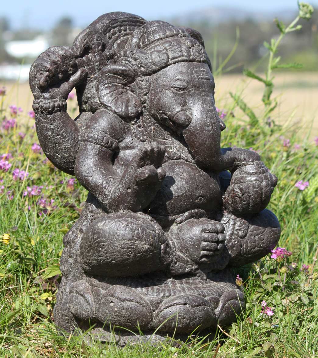 Lotus Sculpture Stone Ganesh Statue on Lotus Base 16" - Image 2