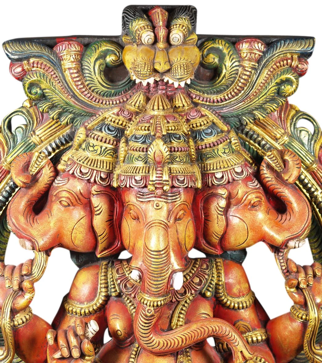Lotus Sculpture Wood Trimukha Ganapathi Statue 48" - Image 3
