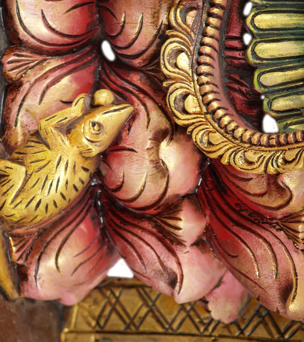 Lotus Sculpture Wood Trimukha Ganapathi Statue 48" - Image 4