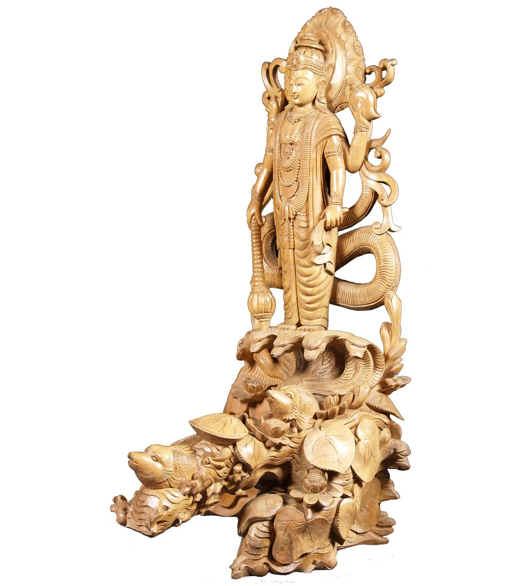 Lotus Sculpture Wood Vishnu & Ananta Sesha Statue 32" - Image 3