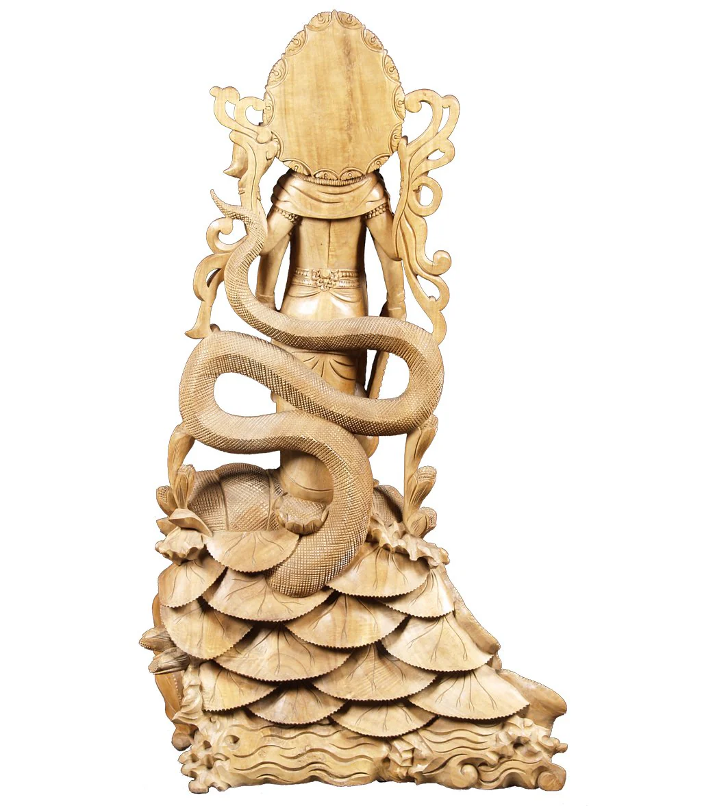 Lotus Sculpture Wood Vishnu & Ananta Sesha Statue 32" - Image 4