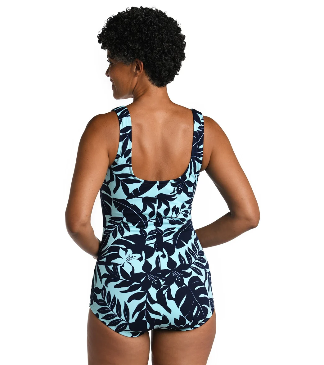 Maxine Women's Chlorine Resistant Hawaiian Breeze Shirred Front Girl Leg One Piece Swimsuit - Image 2