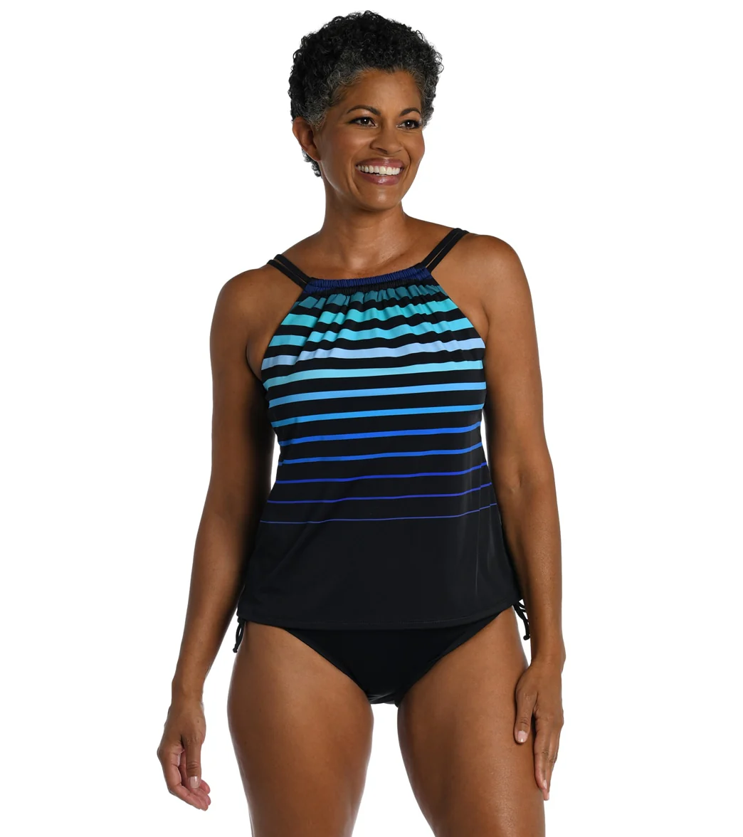 Maxine Women's Chlorine Resistant Tonal Gradient Stripe High Neck Tankini Top - Image 4