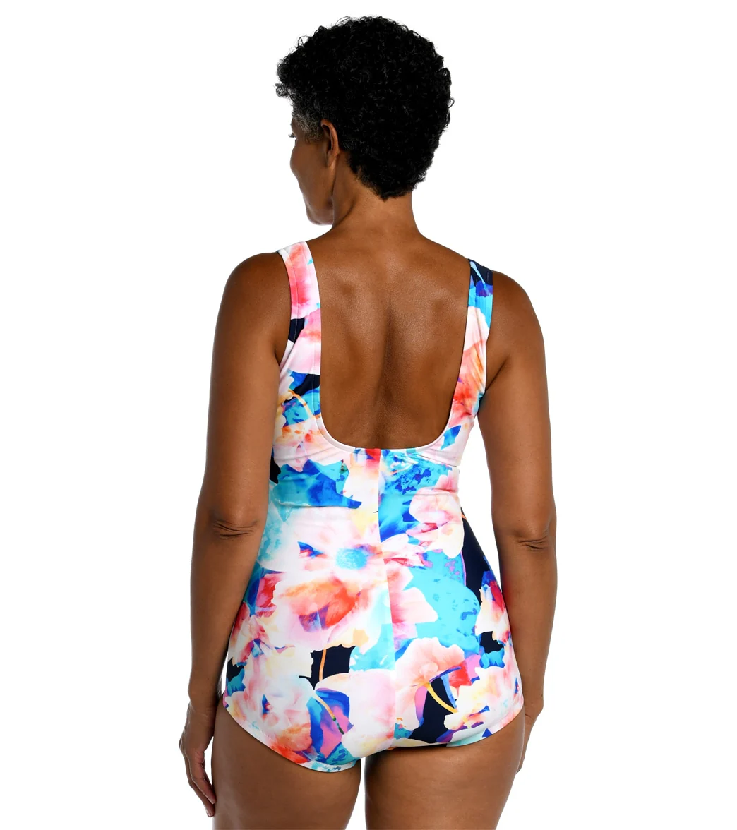 Maxine Women's Illusion Blossoms Shirred Front Girl Leg One Piece Swimsuit - Image 2