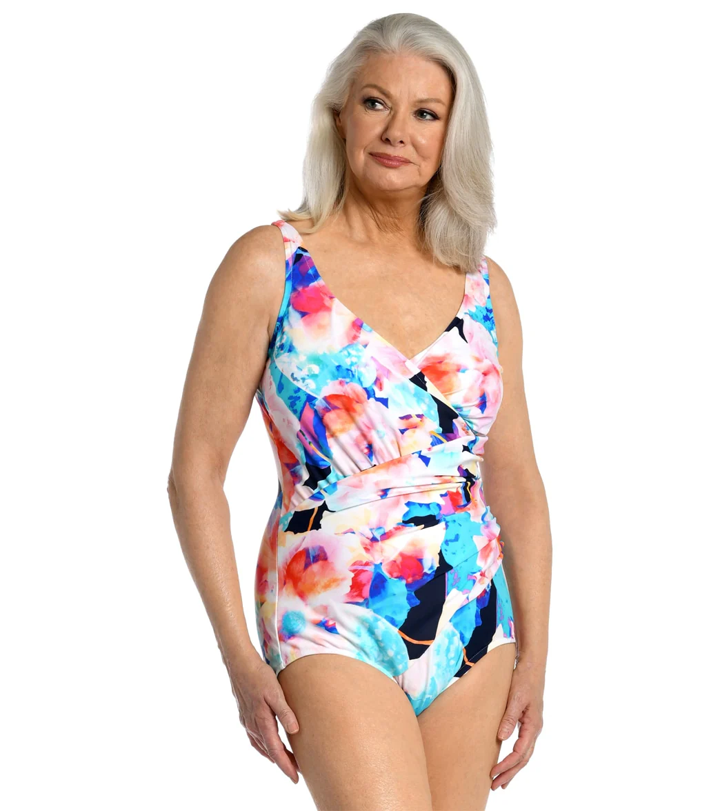 Maxine Women's Illusion Blossoms Shirred Surplice One Piece Swimsuit - Image 5