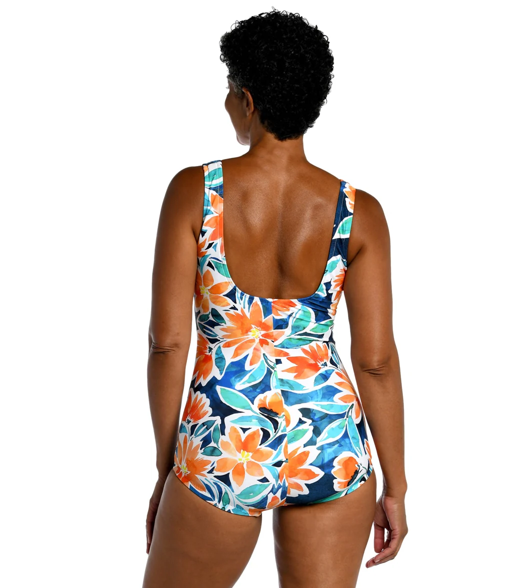 Maxine Women's Joyful Blooms Shirred Front Girl Leg One Piece Swimsuit - Image 2
