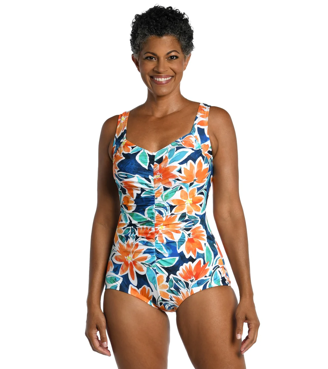Maxine Women's Joyful Blooms Shirred Front Girl Leg One Piece Swimsuit - Image 6