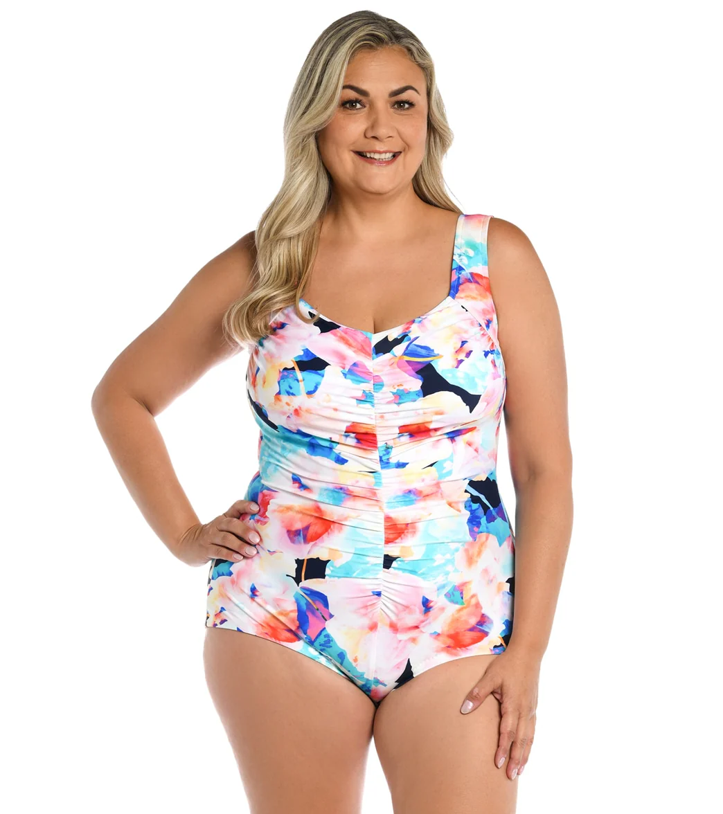 Maxine Women's Plus Size Illusions Blossom Shirred Front Girl Leg One Piece Swimsuit - Image 5