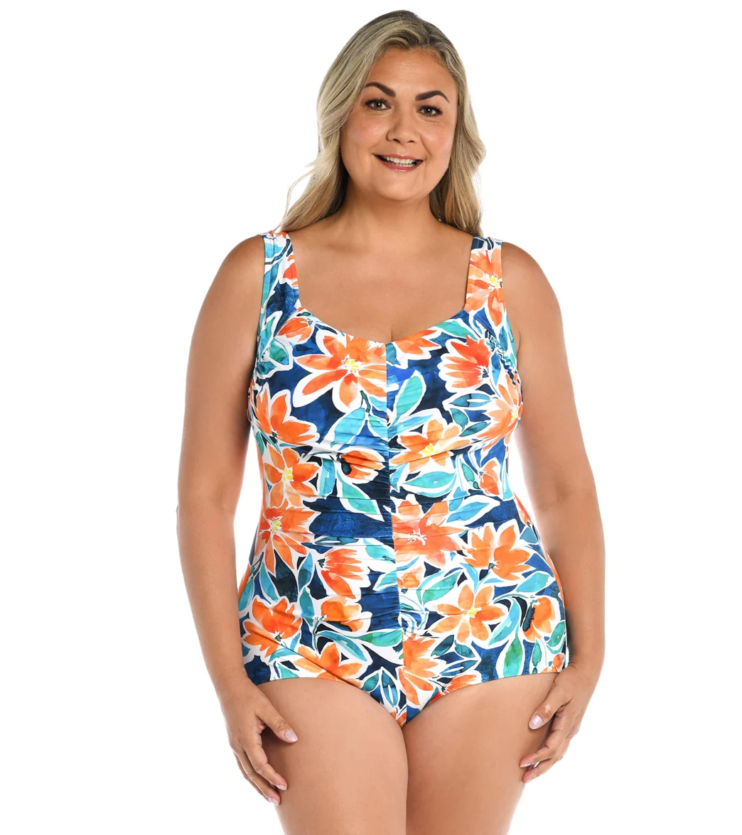 Maxine Women's Plus Size Joyful Blooms Shirred Front Girl Leg One Piece Swimsuit