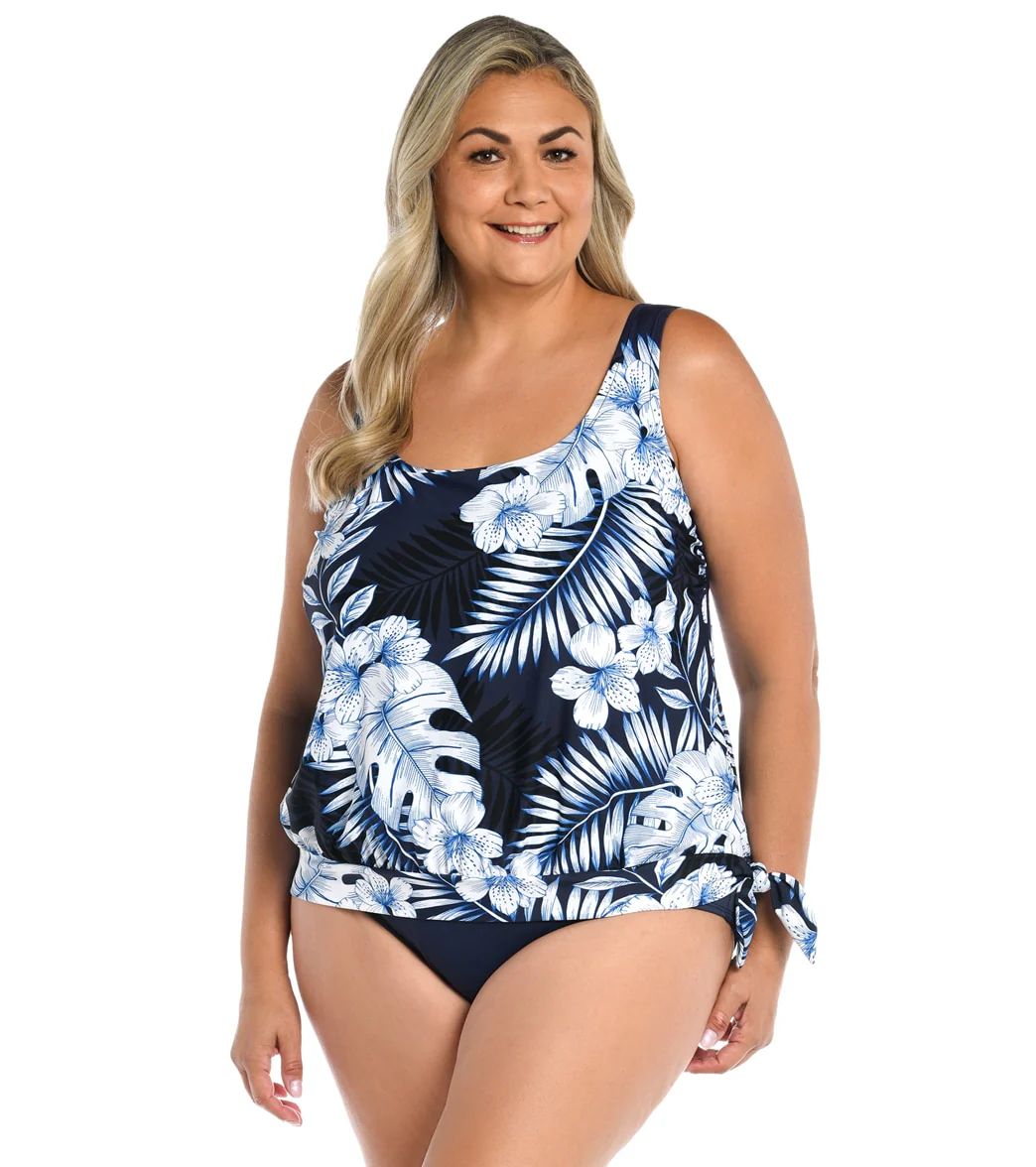 Maxine Women's Plus Size Moonlight Tropics Banded Scoop Blouson Tankini Top - Image 5