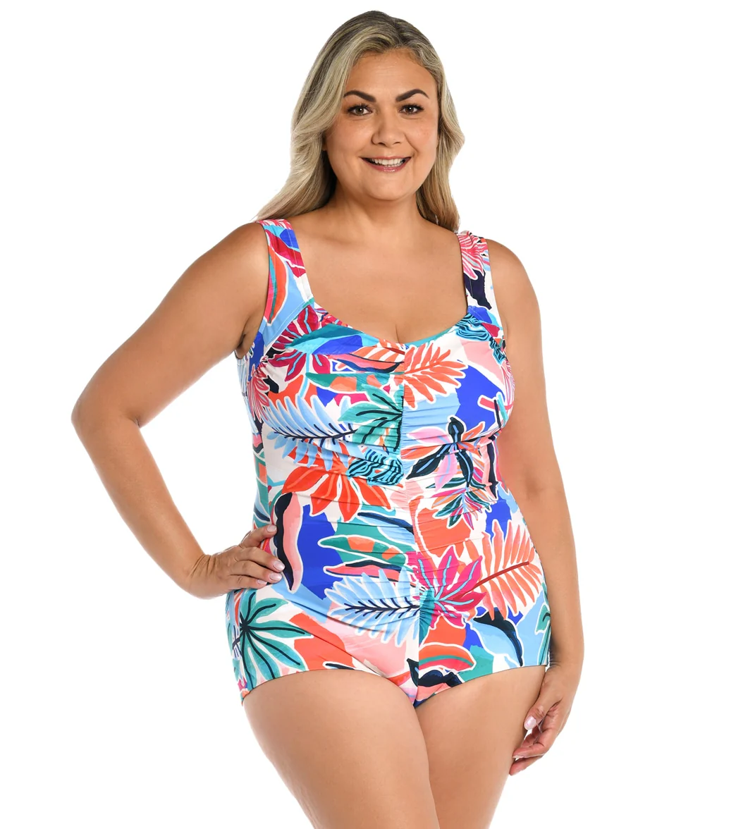Maxine Women's Plus Size Tropical Abstraction Shirred Front Girl Leg One Piece Swimsuit - Image 4