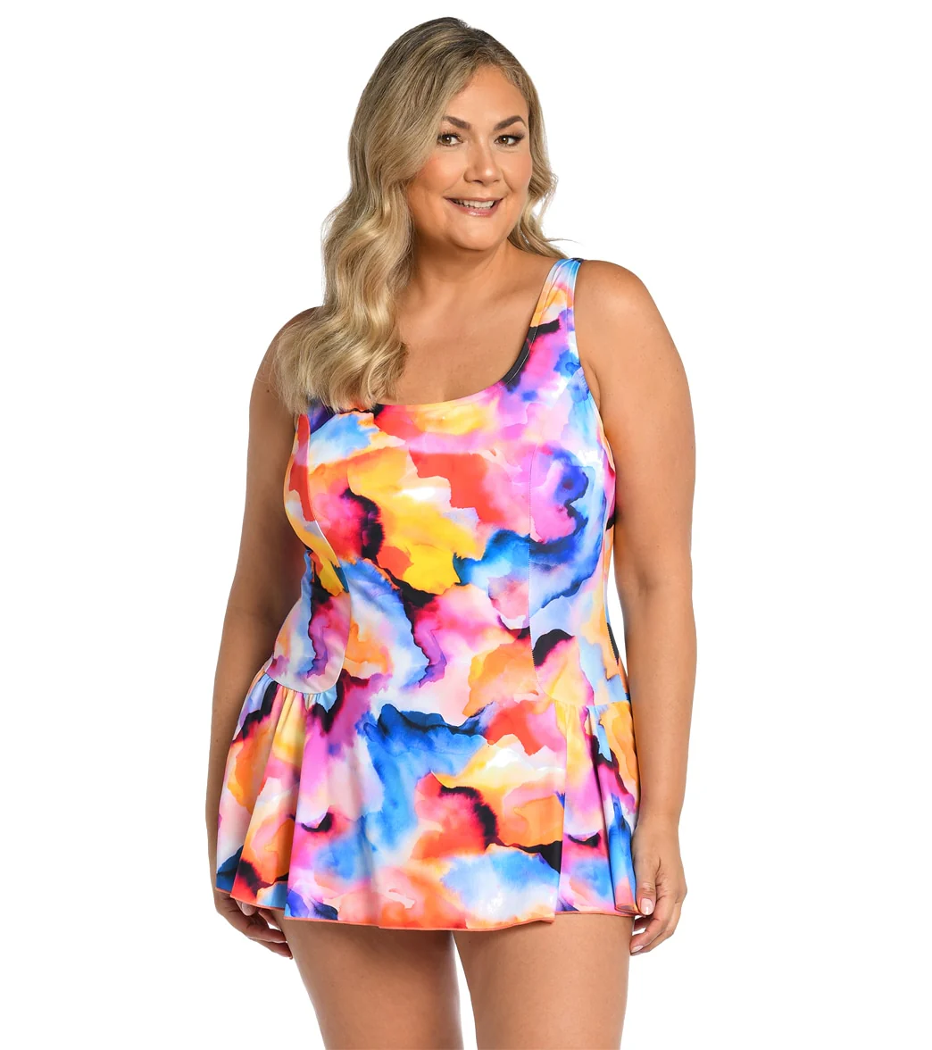 Maxine Women's Plus Size Watercolor Bliss Princess Seam Swim Dress