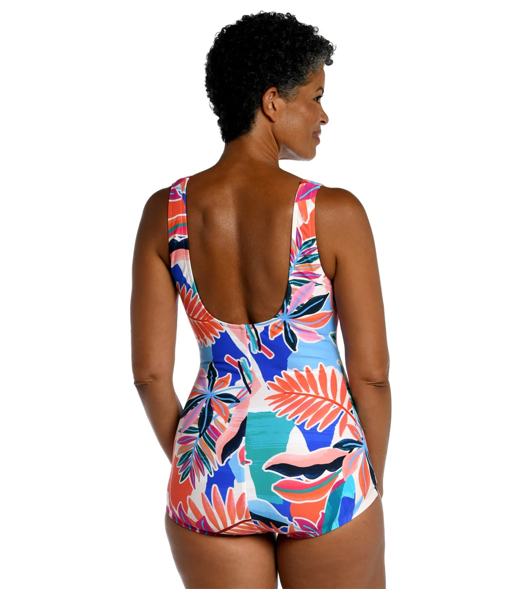 Maxine Women's Tropical Abstraction Shirred Front Girl Leg One Piece Swimsuit - Image 2