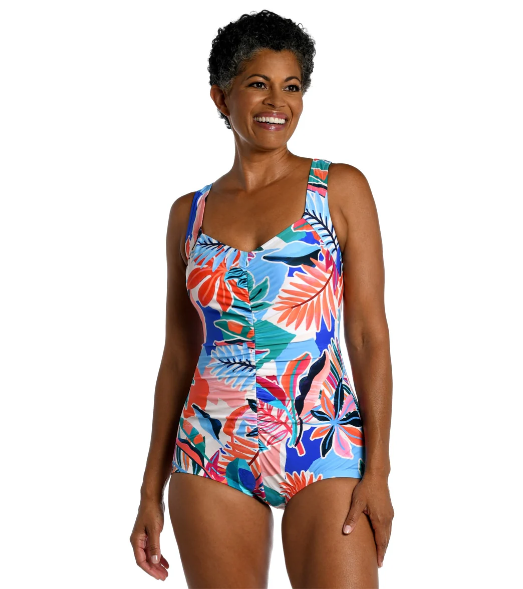 Maxine Women's Tropical Abstraction Shirred Front Girl Leg One Piece Swimsuit - Image 7