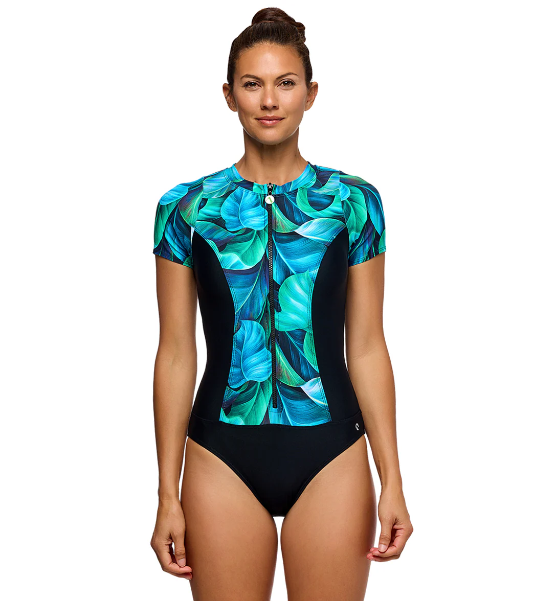 Next by Athena Women's Malibu Curacao Palms Zip Short Sleeve One Piece Swimsuit - Image 5