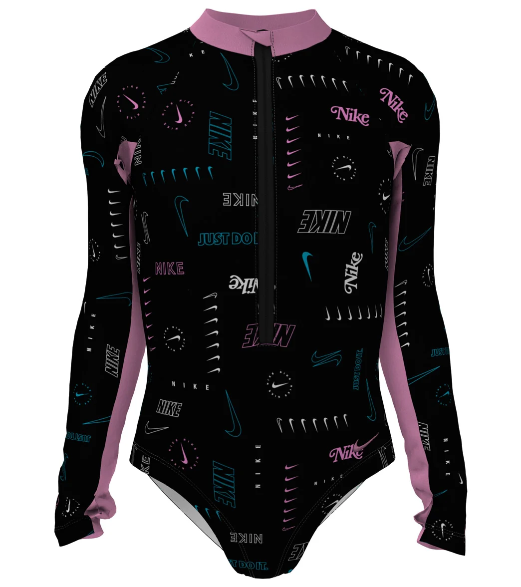 Nike Girls' Logo Toss Long Sleeve One Piece Swimsuit (Big Kid) - Image 6