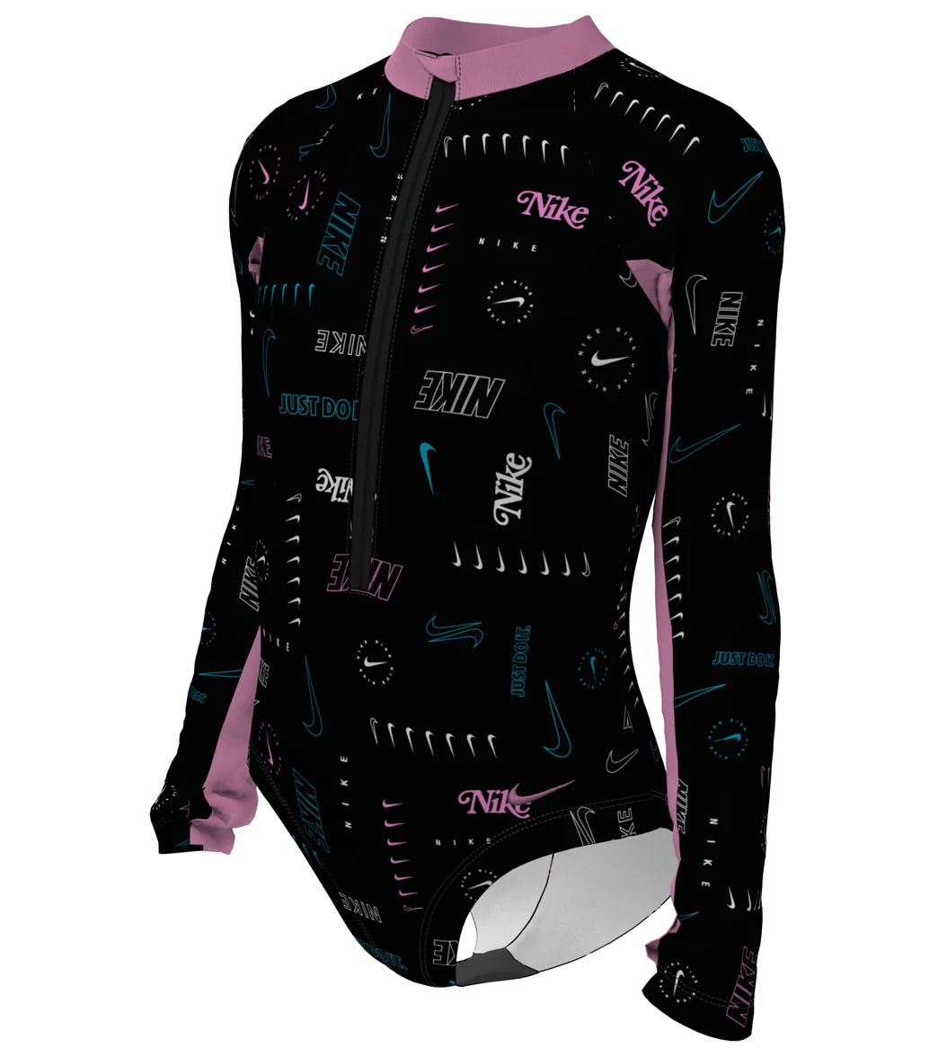 Nike Girls' Logo Toss Long Sleeve One Piece Swimsuit (Big Kid) - Image 7