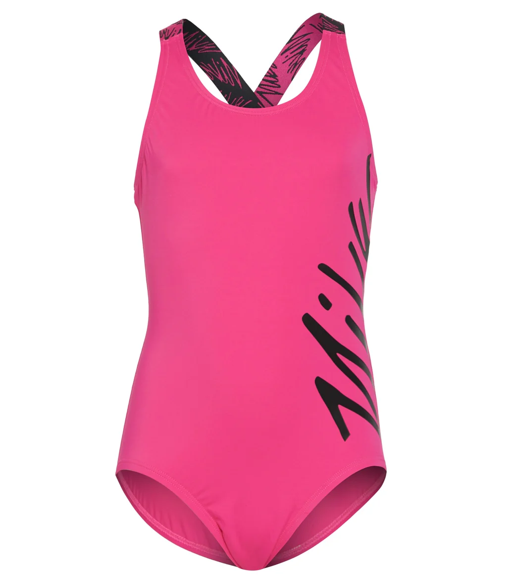 Nike Girls' Script Logo Crossback One Piece Swimsuit (Big Kid)