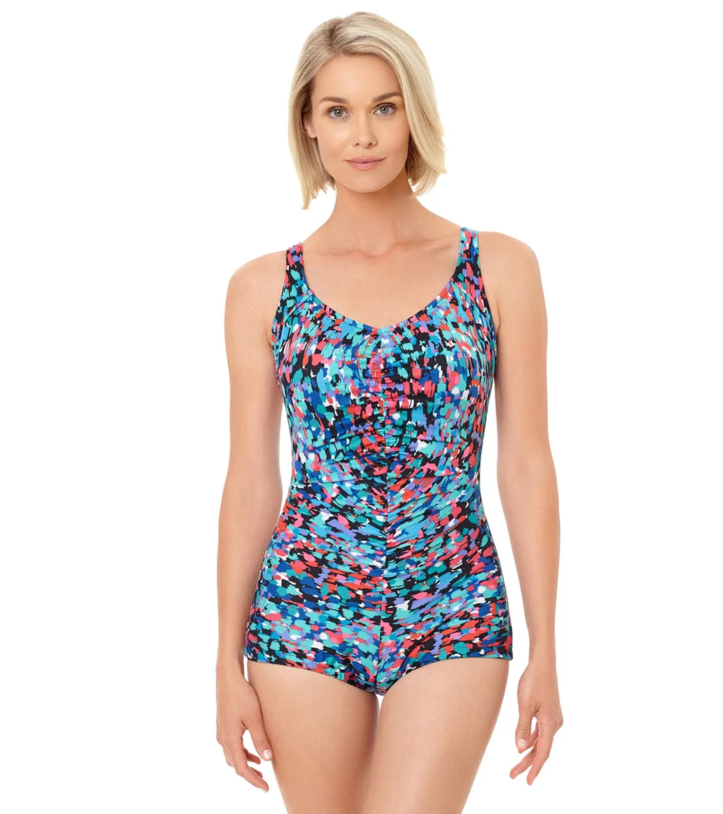 Penbrooke Women's Chlorine Resistant Painted Dot Shirred Girl Leg One Piece Swimsuit