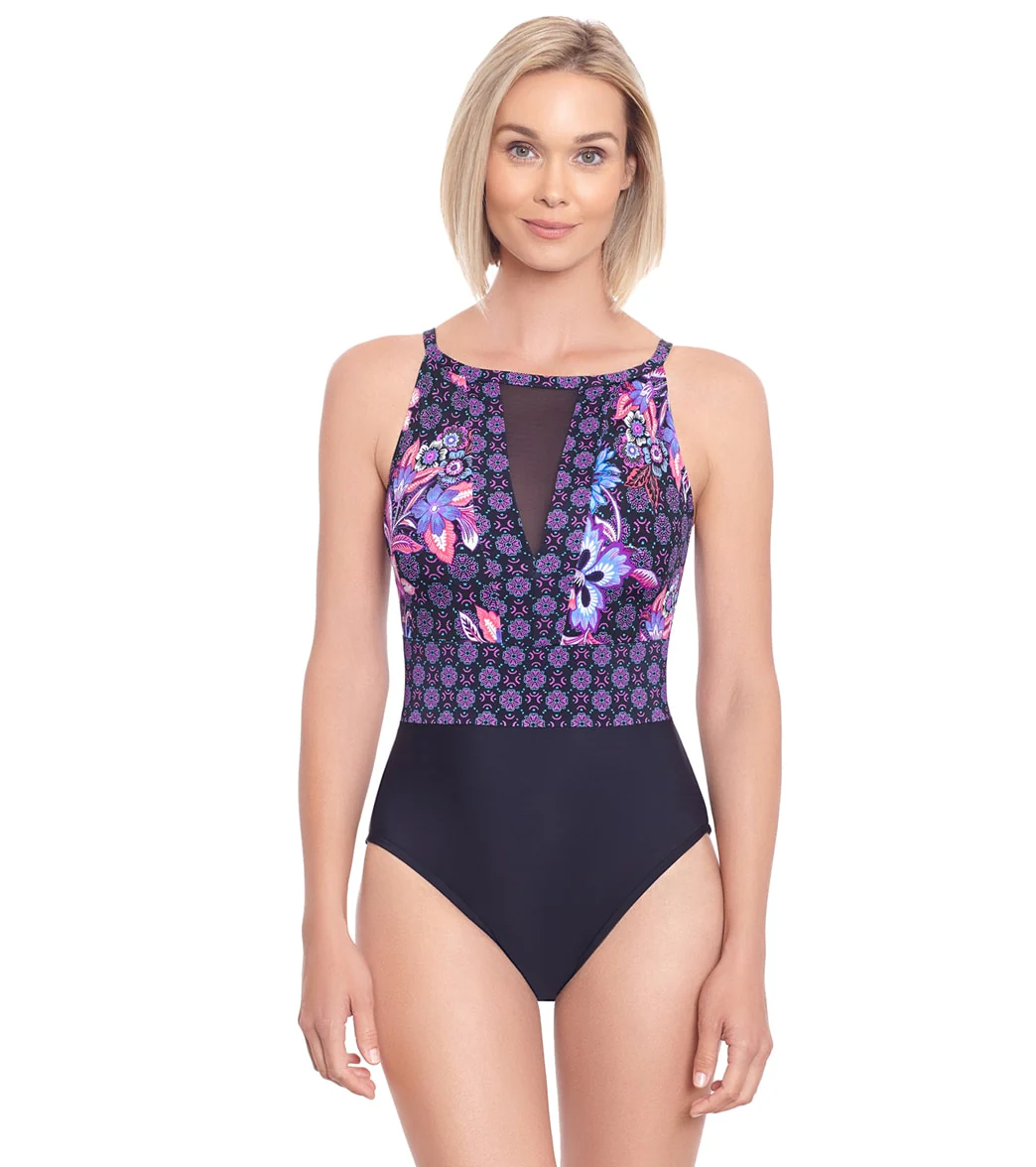 Penbrooke Women's Hideaway High Neck Mesh Insert One Piece Swimsuit