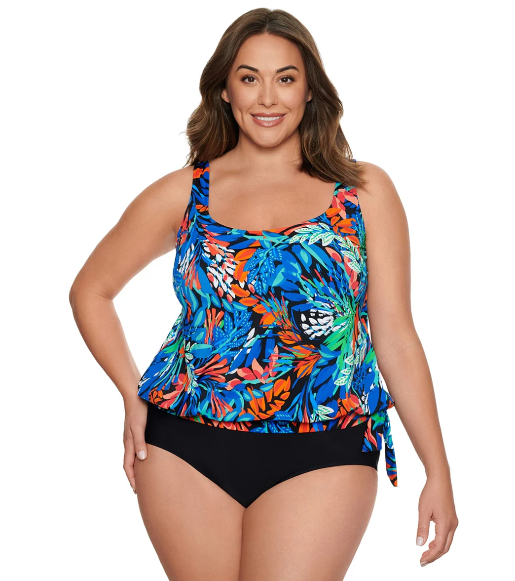 Penbrooke Women's Plus Size Fantasy Tie Side Blouson Tankini Top