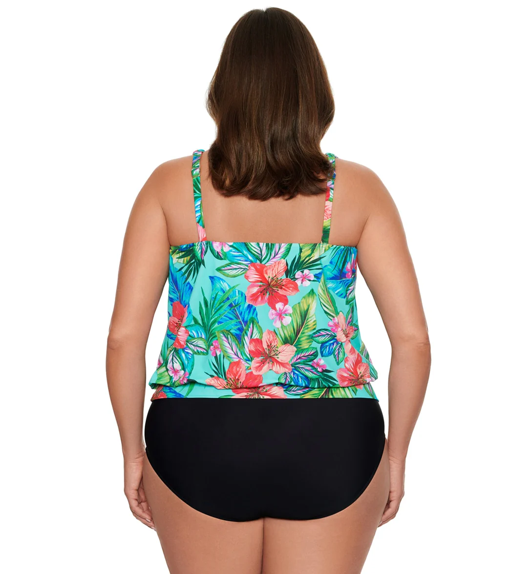 Penbrooke Women's Plus Size Taste of Tropic Shirred Neck Blouson Tankini Top - Image 3