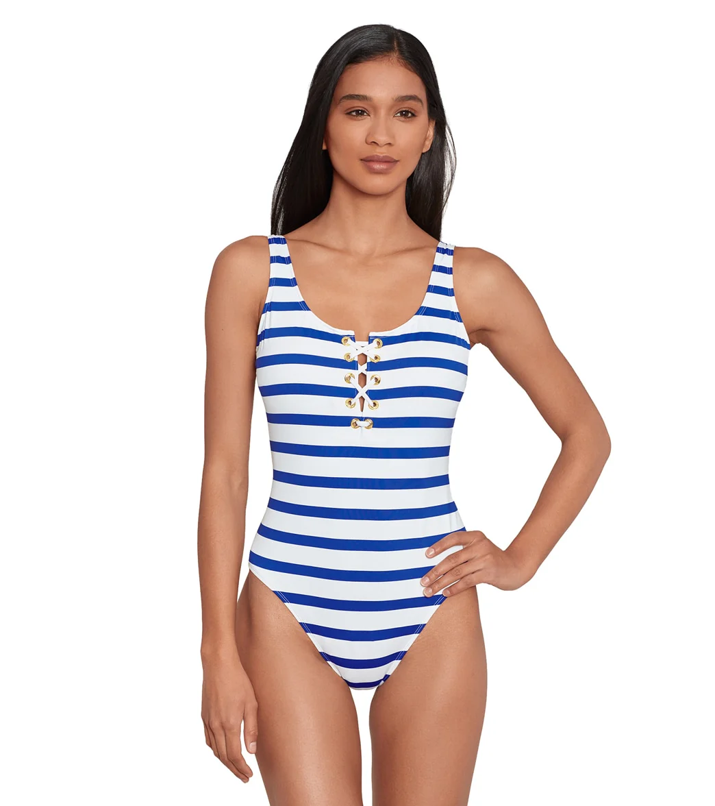 Ralph Lauren Women's Port Stripe Laced Tank One Piece Swimsuit - Image 6