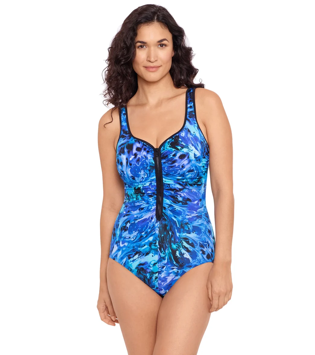 Reebok Women's Lazer Tag Zipper Chlorine Resistant One Piece Swimsuit