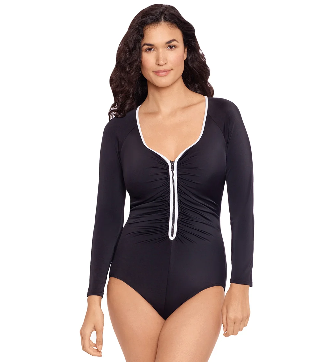 Reebok Women's Long Sleeve Shirred Chlorine Resistant One Piece Swimsuit - Image 10