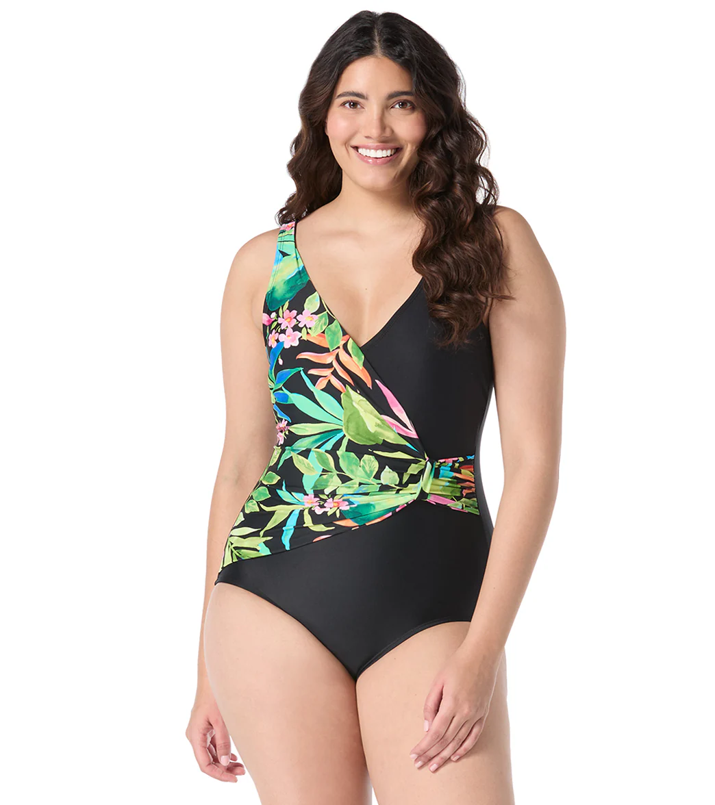 Roxanne Women's Chlorine Resistant Bra Sized Tropical Draped Sash One Piece Swimsuit (D/DD Cup) - Image 4