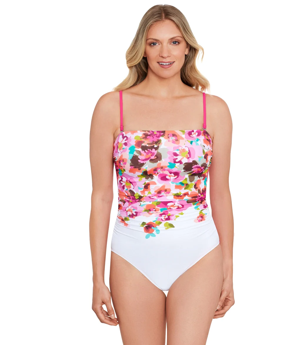 Shape Solver By Penbrooke Women's Border Floral Shirred Bandeau One Piece Swimsuit
