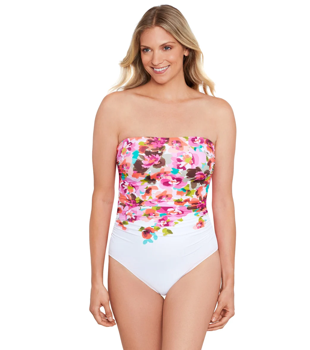 Shape Solver By Penbrooke Women's Border Floral Shirred Bandeau One Piece Swimsuit - Image 4