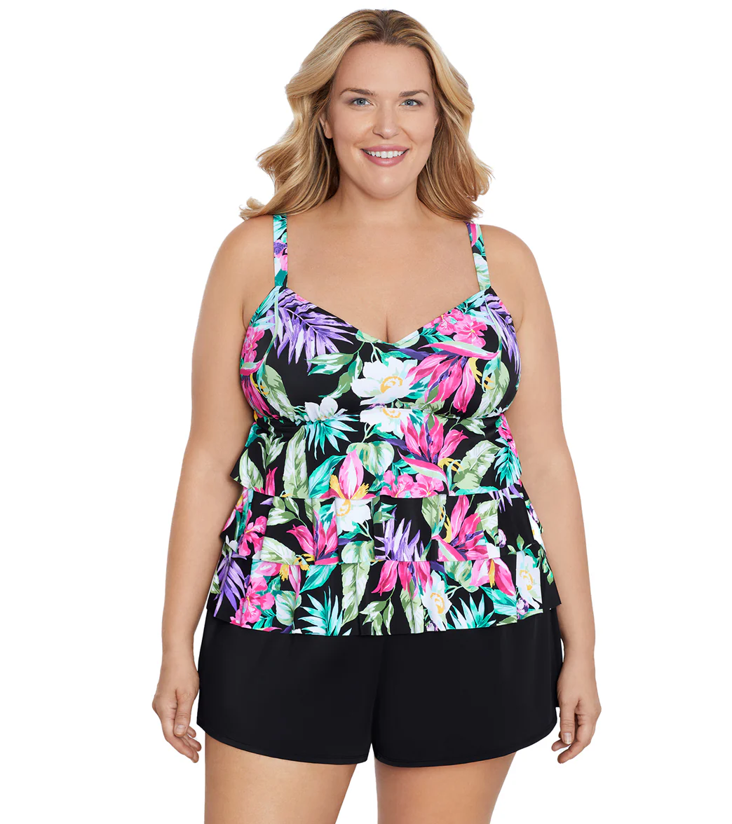 Shape Solver By Penbrooke Women's Plus Mystic Tropic Triple Tier Tankini Top - Image 6